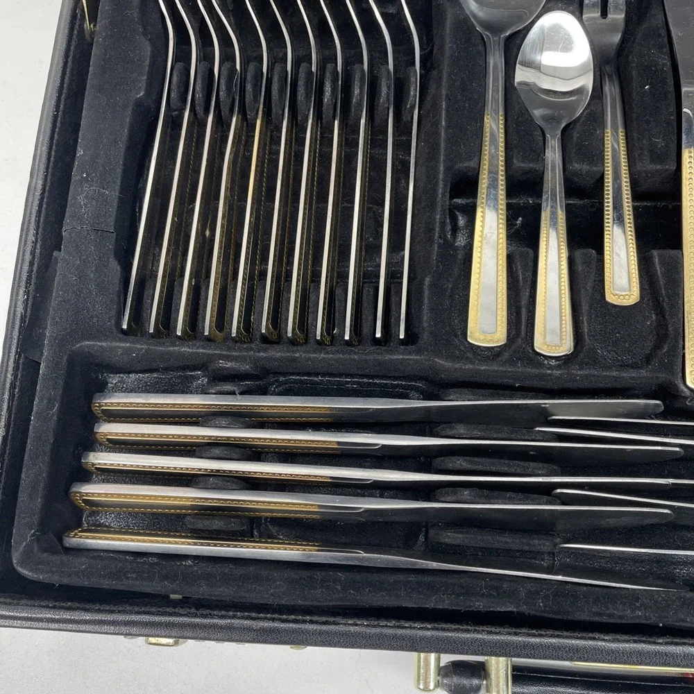 Solingen Germany 18/10 Stainless Gold Trim Flatware 66 Piece‎ Set with Case